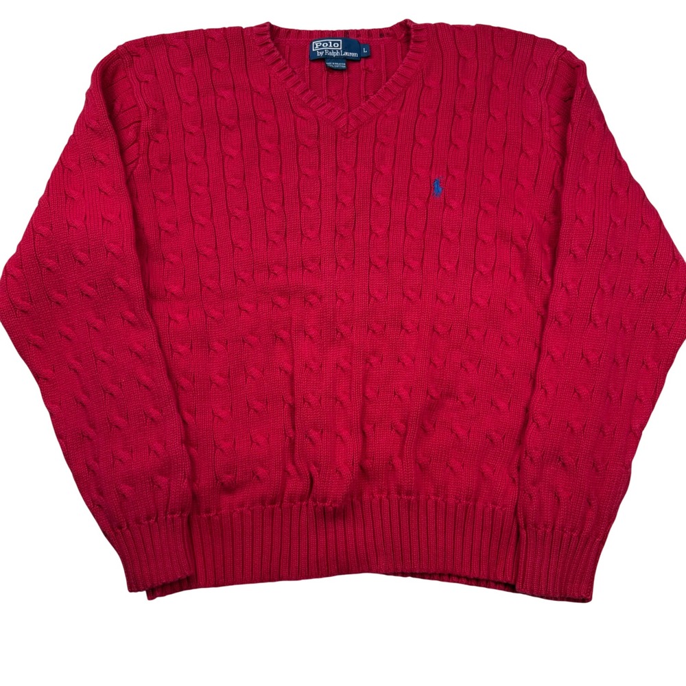 Polo Ralph Lauren Mens V-Neck Cable Knit Sweater Red Cotton Large Pony Preppy